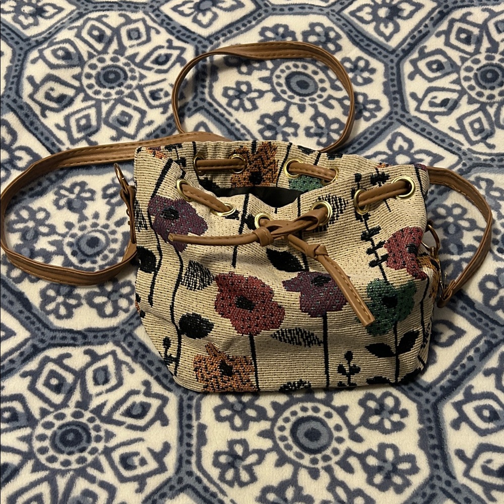 Floral Tapestry Bucket Bag with Tan Trim
